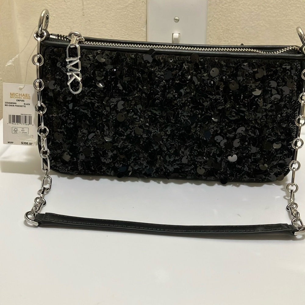 Michael Kors Empire MD chain pouchette Black sequined bag